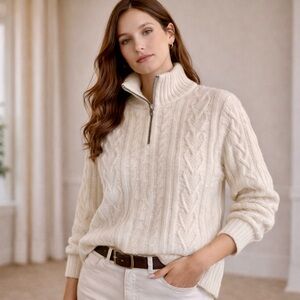 Ivory Cable Knit Quarter Zip Sweater Chunky Ribbed Long Sleeve Pullover